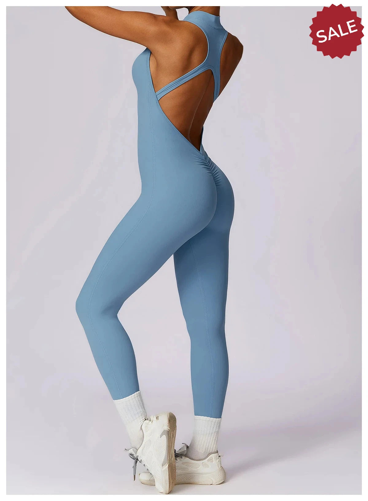 V-Back One-Piece Sports Jumpsuit - Women’s Backless Workout Bodysuit