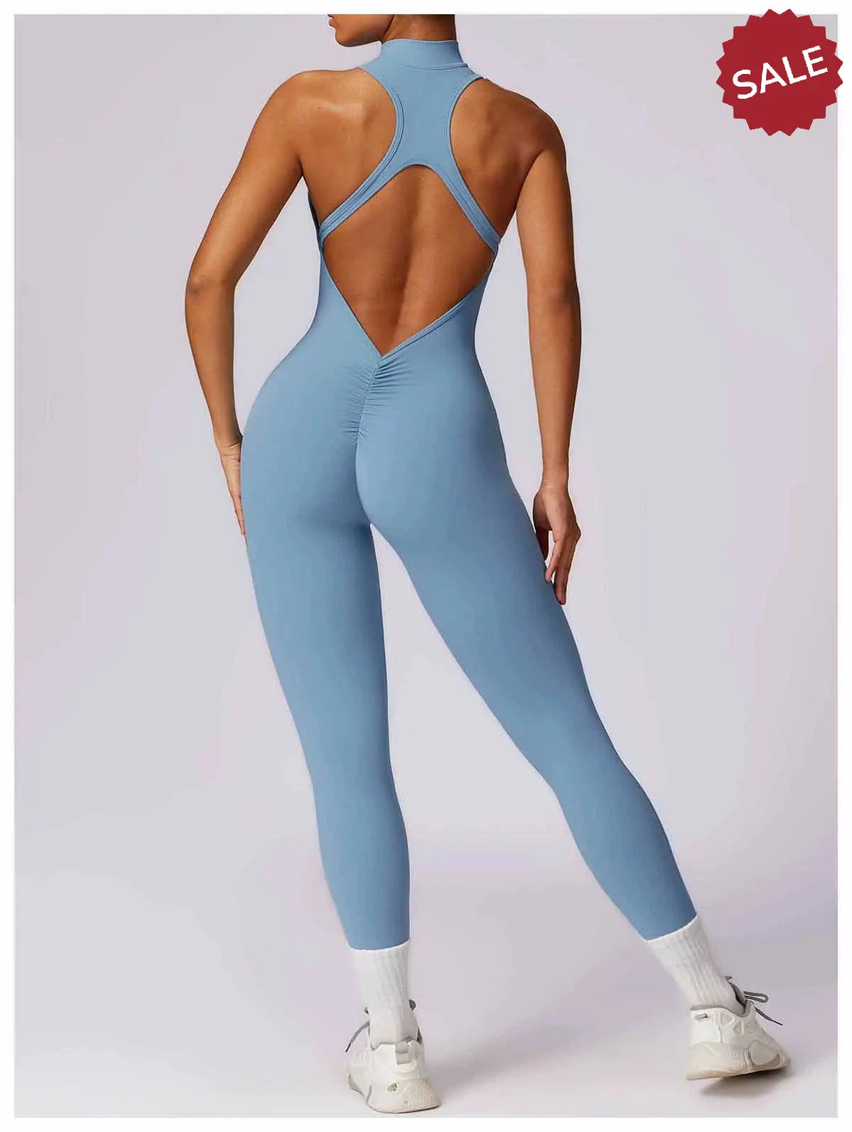 V-Back One-Piece Sports Jumpsuit - Women’s Backless Workout Bodysuit