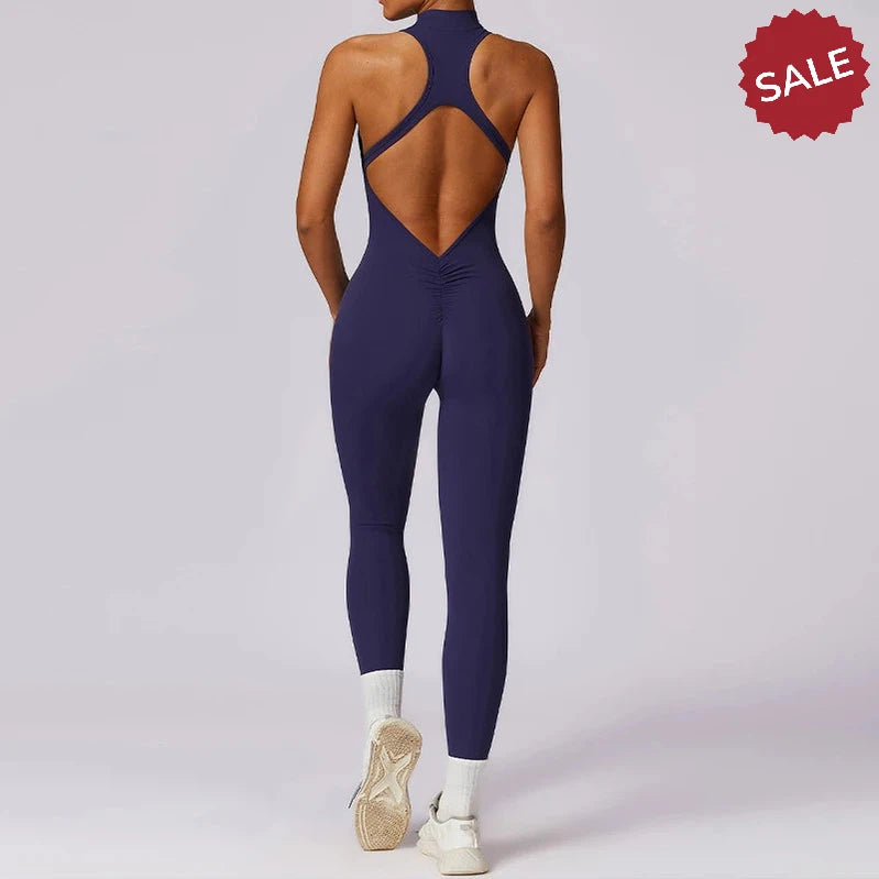 V-Back One-Piece Sports Jumpsuit - Women’s Backless Workout Bodysuit