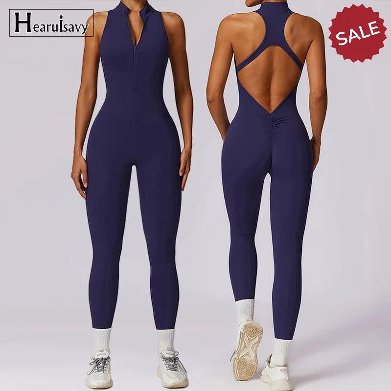 V-Back One-Piece Sports Jumpsuit - Women’s Backless Workout Bodysuit