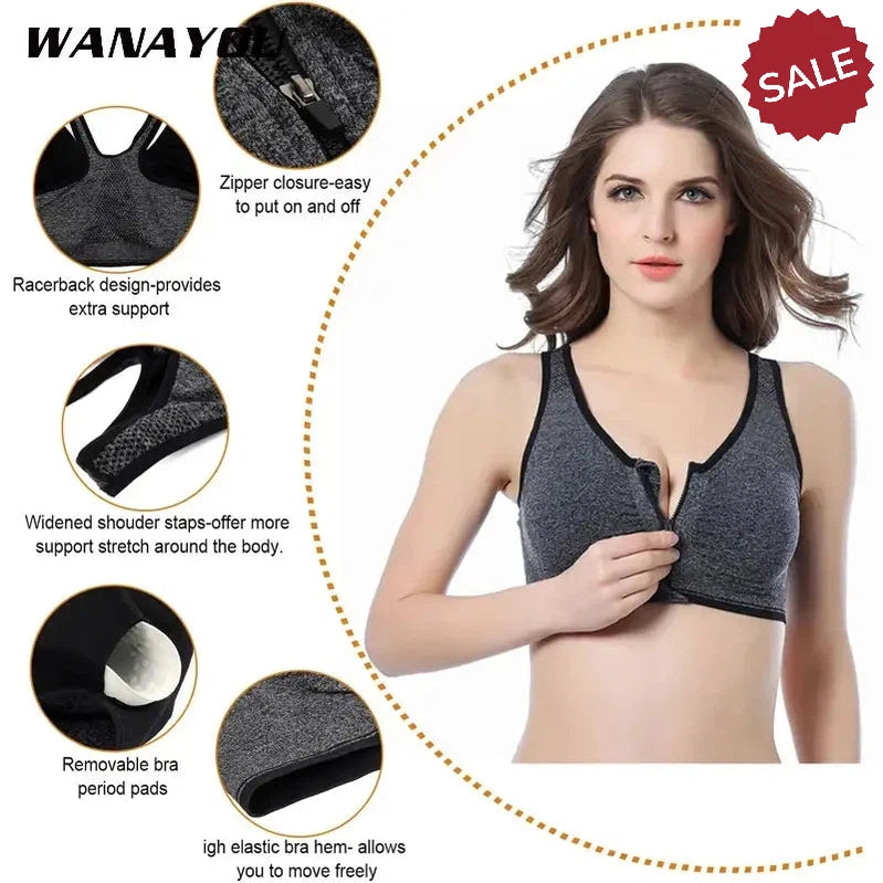 WANAYOU Women’s Front Zipper Push Up Sports Bra - Padded, Wirefree, Shockproof