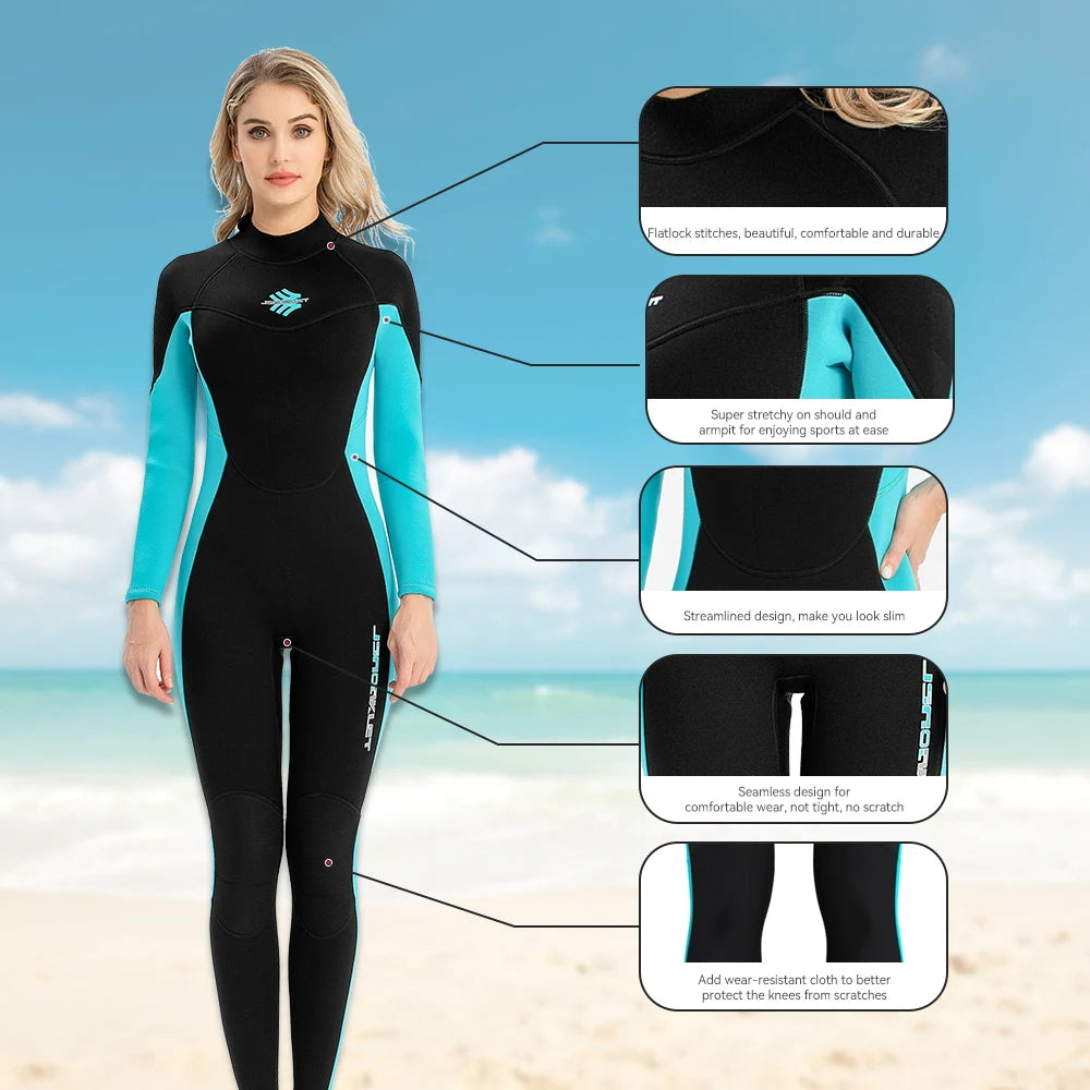 Women’s 3mm Neoprene Snorkeling Suit – Warm, Anti-Jellyfish, Cold-Proof One-Piece Wetsuit