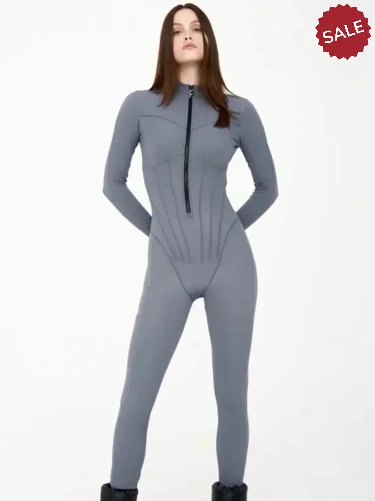 Zip-Up Long Sleeve Jumpsuit - Stylish One-Piece for Women