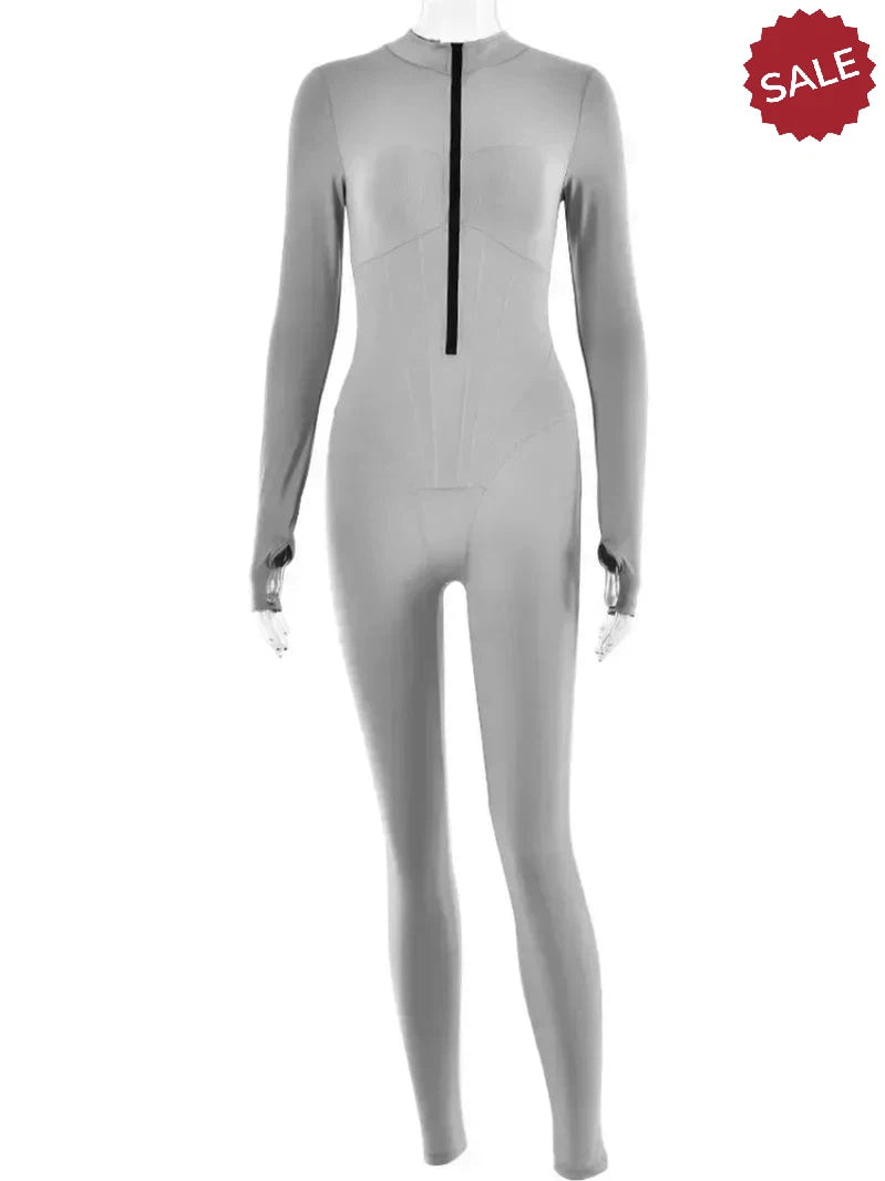 Zip-Up Long Sleeve Jumpsuit - Stylish One-Piece for Women