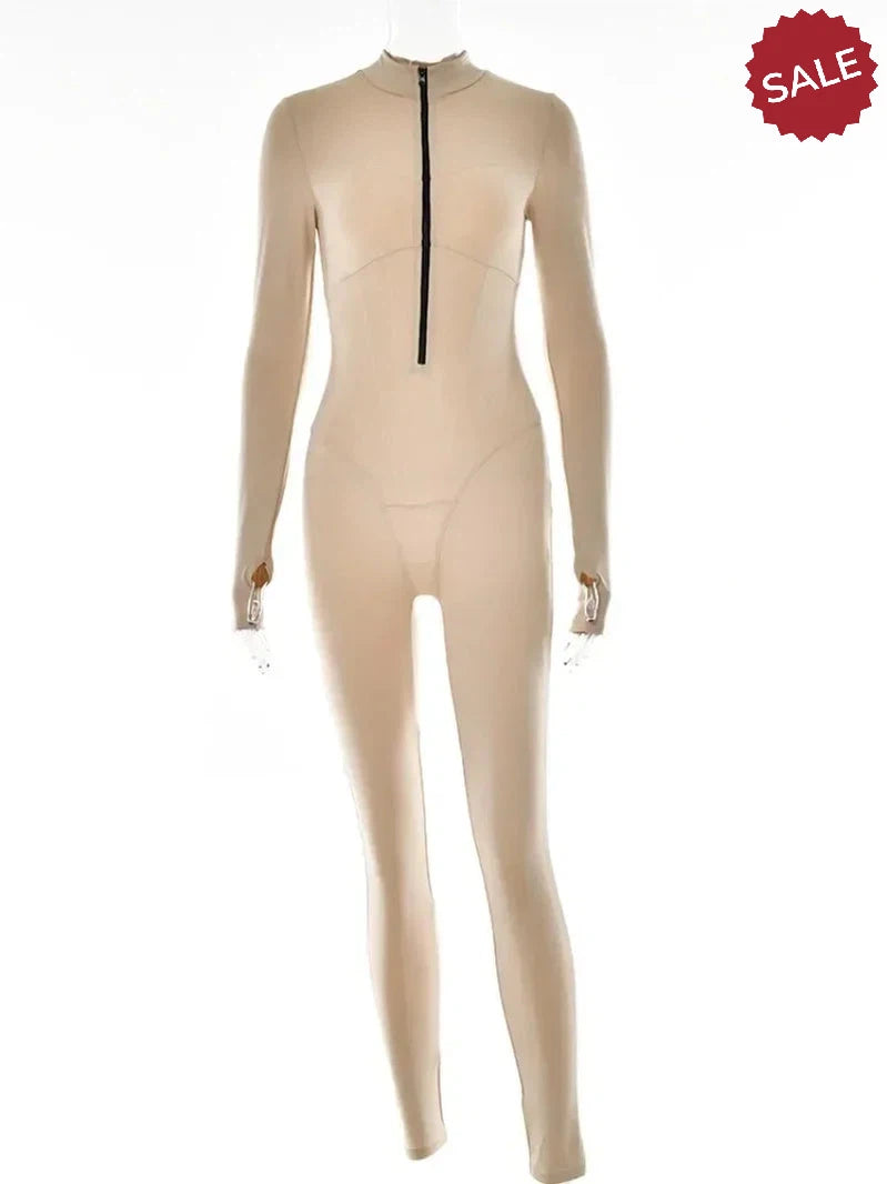 Zip-Up Long Sleeve Jumpsuit - Stylish One-Piece for Women