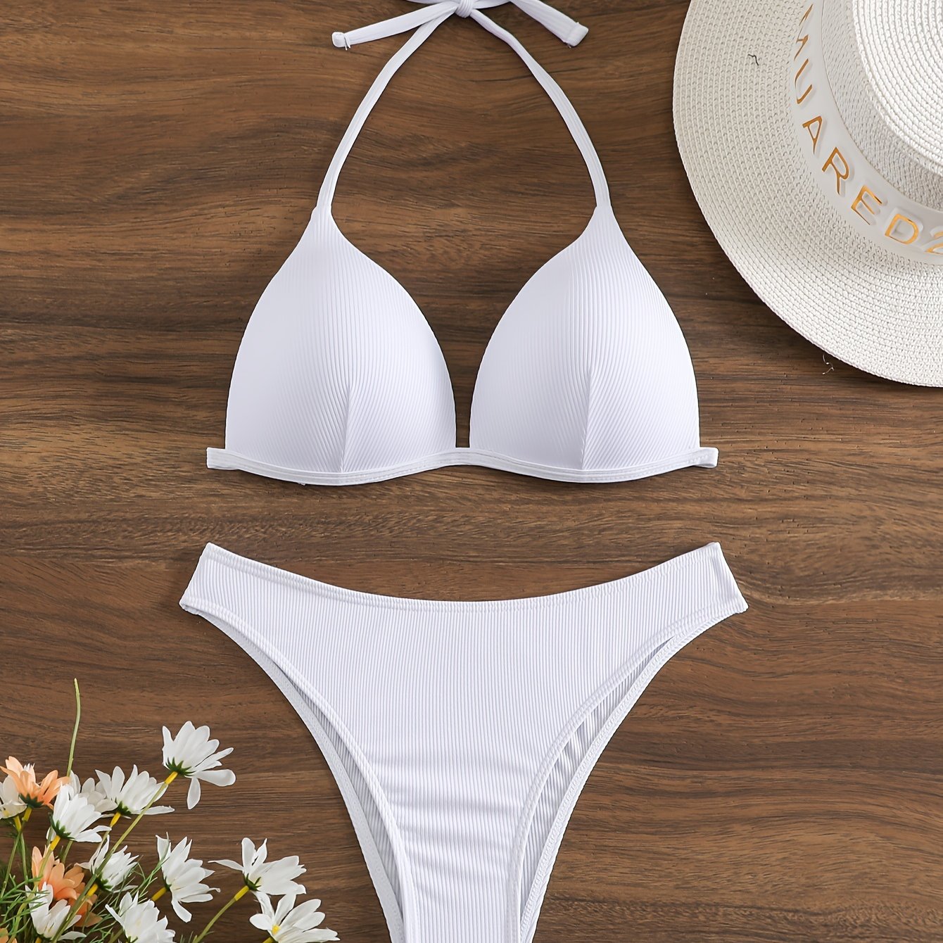 Solid Color Rib Knit 2 Piece Set Bikini, Triangle Halter Tie Back Stretchy Swimsuits, Women's Swimwear & Clothing