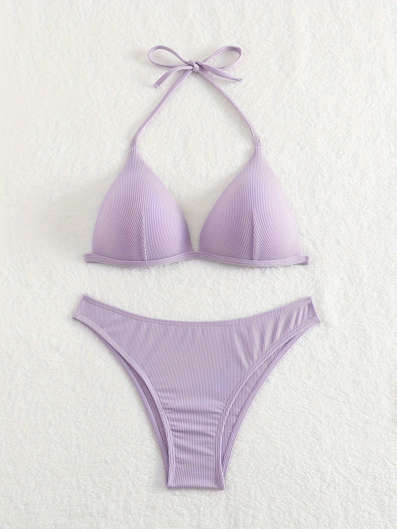 Solid Color Rib Knit 2 Piece Set Bikini, Triangle Halter Tie Back Stretchy Swimsuits, Women's Swimwear & Clothing