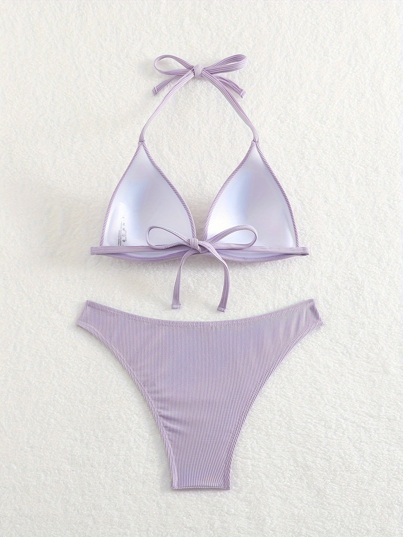 Solid Color Rib Knit 2 Piece Set Bikini, Triangle Halter Tie Back Stretchy Swimsuits, Women's Swimwear & Clothing