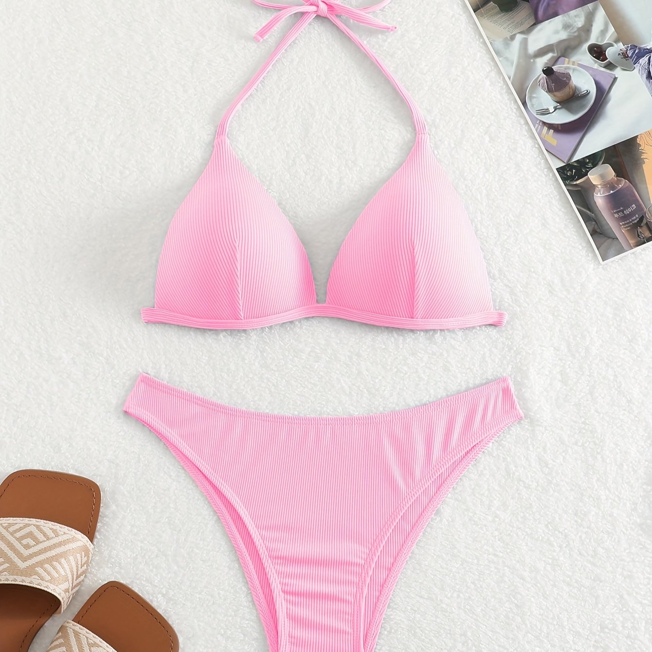 Solid Color Rib Knit 2 Piece Set Bikini, Triangle Halter Tie Back Stretchy Swimsuits, Women's Swimwear & Clothing