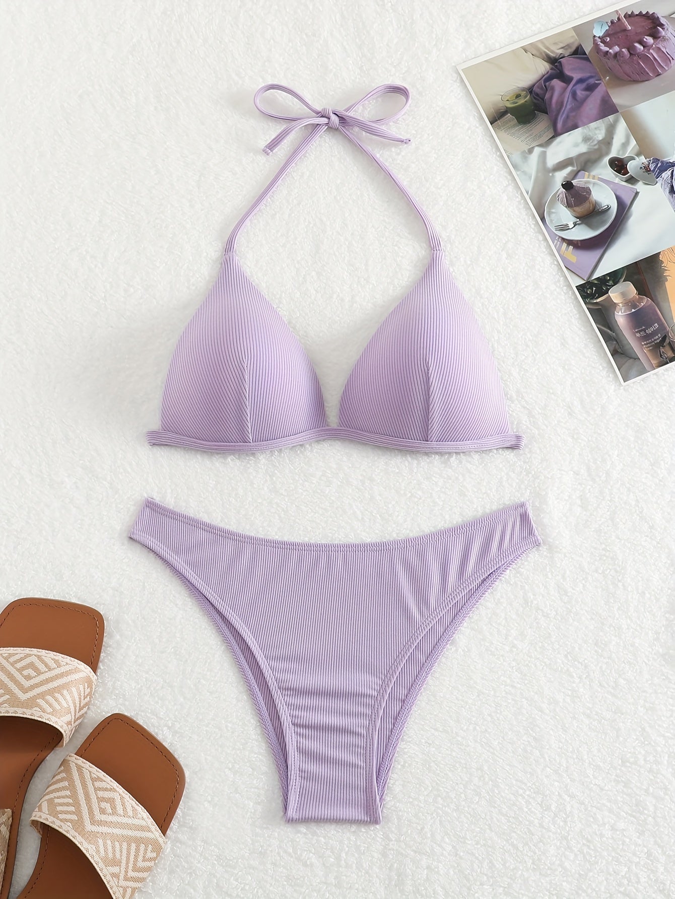 Solid Color Rib Knit 2 Piece Set Bikini, Triangle Halter Tie Back Stretchy Swimsuits, Women's Swimwear & Clothing