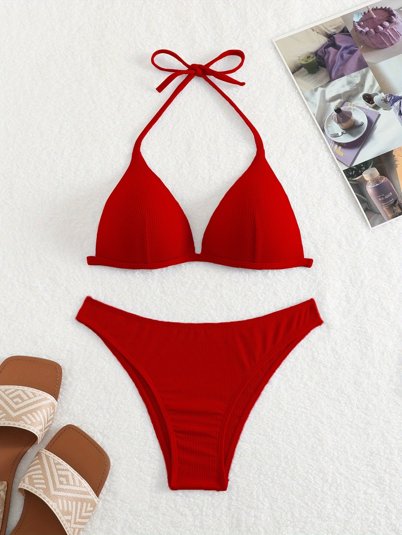 Solid Color Rib Knit 2 Piece Set Bikini, Triangle Halter Tie Back Stretchy Swimsuits, Women's Swimwear & Clothing