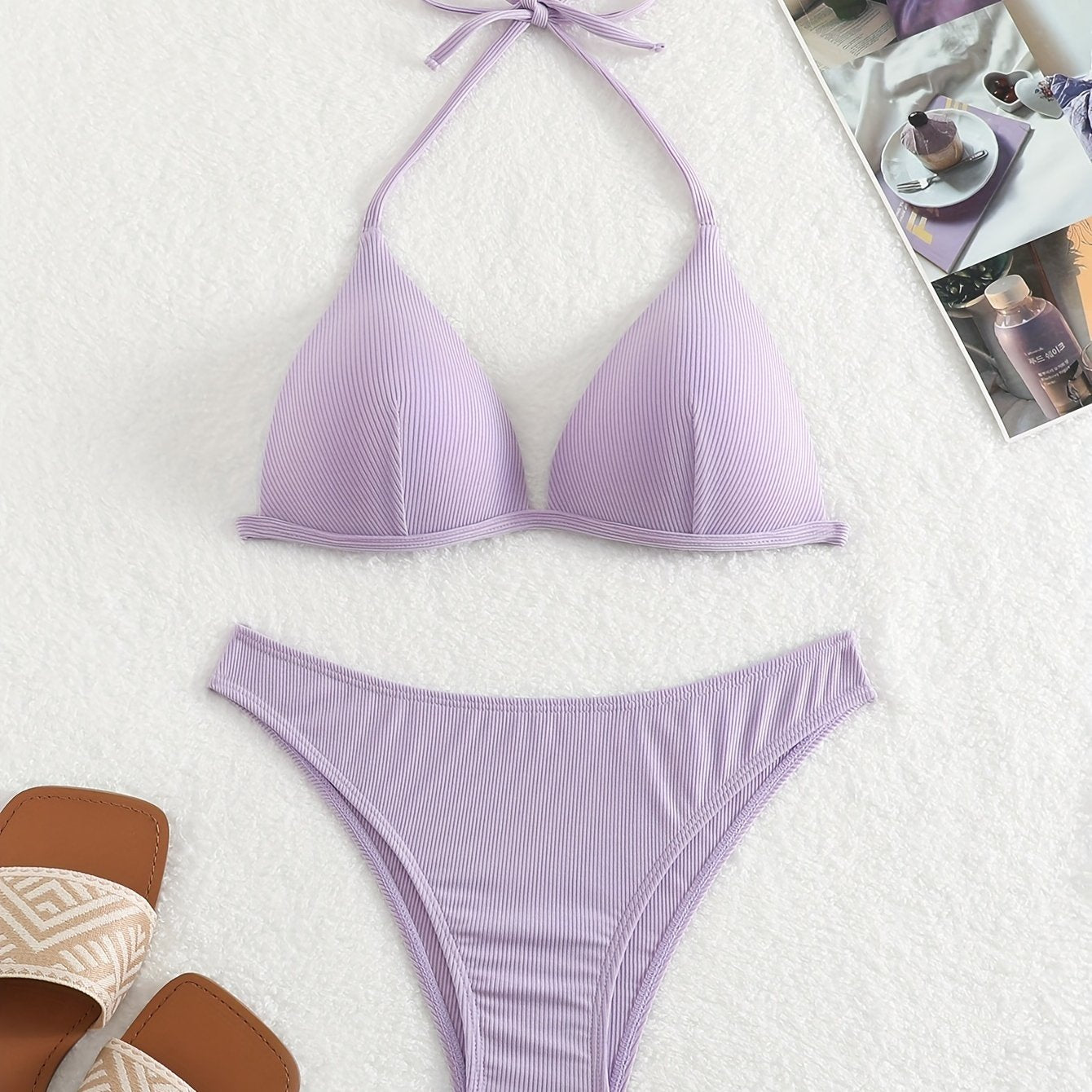 Solid Color Rib Knit 2 Piece Set Bikini, Triangle Halter Tie Back Stretchy Swimsuits, Women's Swimwear & Clothing