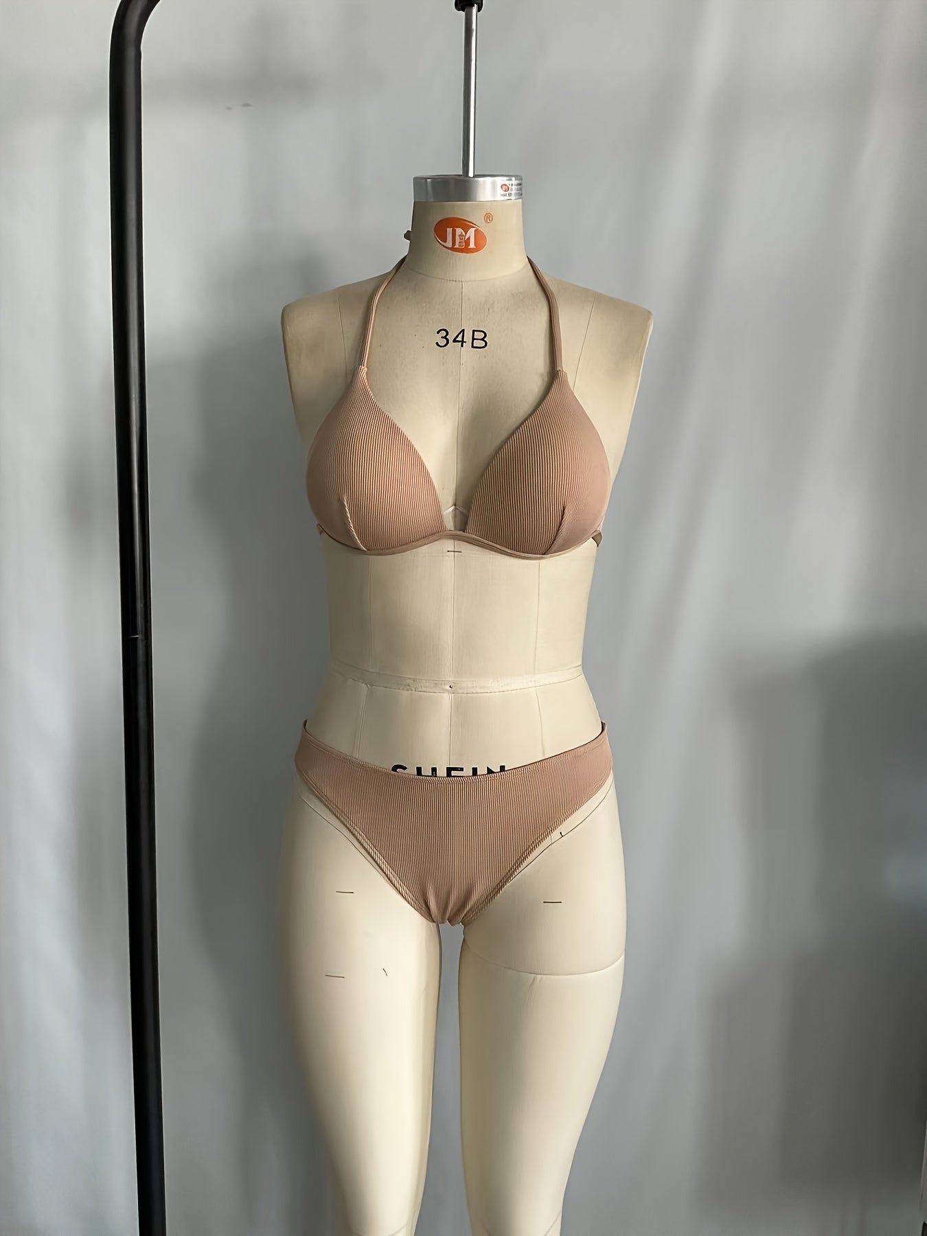 Solid Color Rib Knit 2 Piece Set Bikini, Triangle Halter Tie Back Stretchy Swimsuits, Women's Swimwear & Clothing
