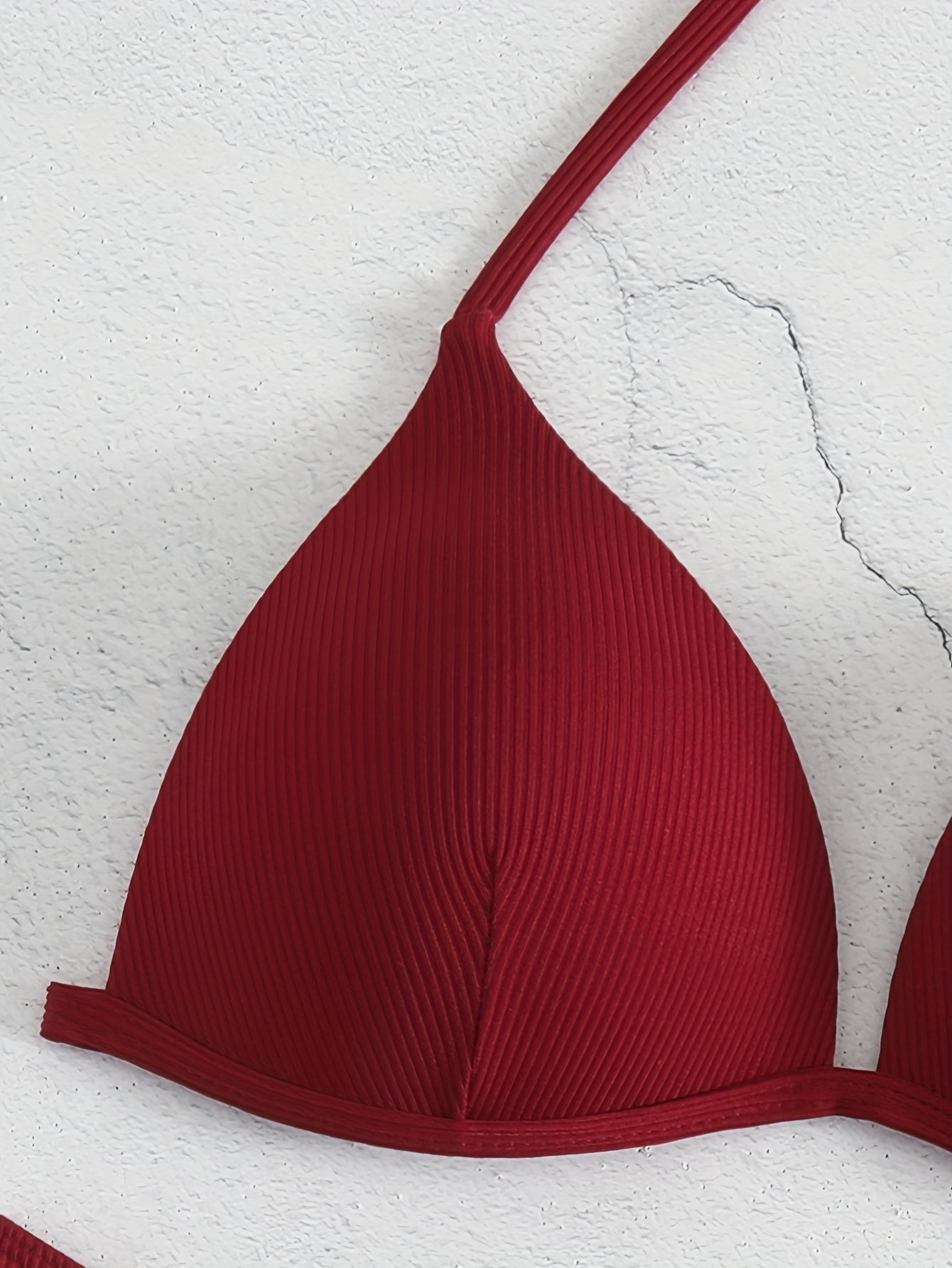 Solid Color Rib Knit 2 Piece Set Bikini, Triangle Halter Tie Back Stretchy Swimsuits, Women's Swimwear & Clothing