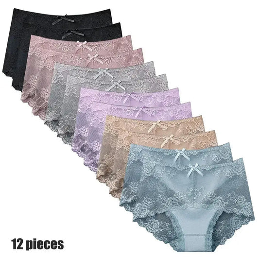 12-Piece Set Women’s Sexy Lace Panties - Comfortable, Breathable, Low-Rise Briefs