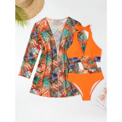 2024 Halter Print Bikini with Kimono - High Waist Floral Swimwear for Women