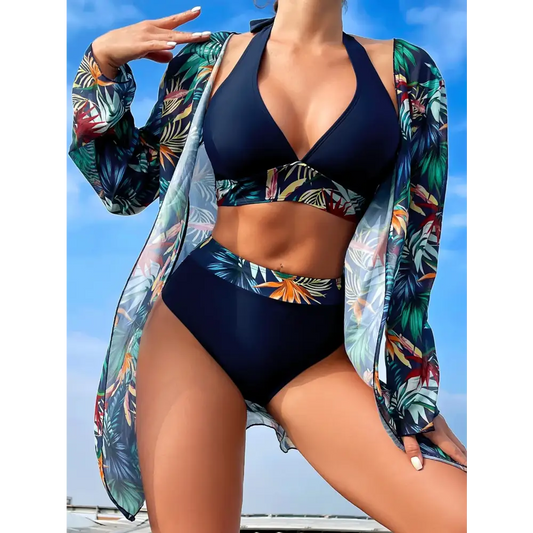 2024 Halter Print Bikini with Kimono - High Waist Floral Swimwear for Women