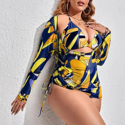 2024 Large-Size Three-Piece Swimsuit Set Digital Printed Gauze Smock Beachwear