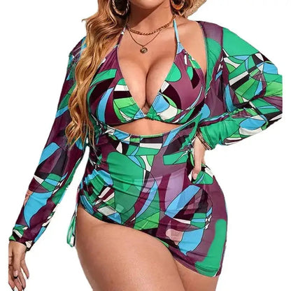 2024 Large-Size Three-Piece Swimsuit Set Digital Printed Gauze Smock Beachwear