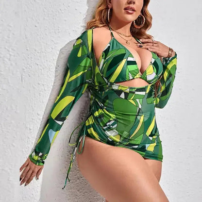 2024 Large-Size Three-Piece Swimsuit Set Digital Printed Gauze Smock Beachwear