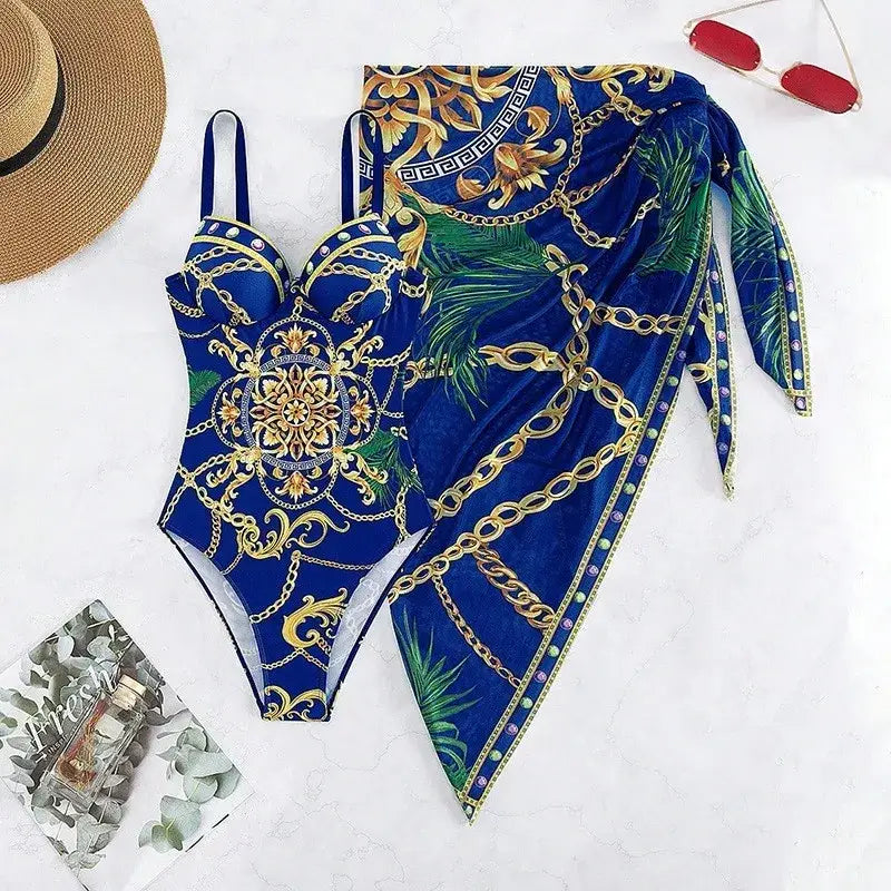 2024 New One Piece Women Swimsuit Push Up Printed Bandage Swimwear with Sarong