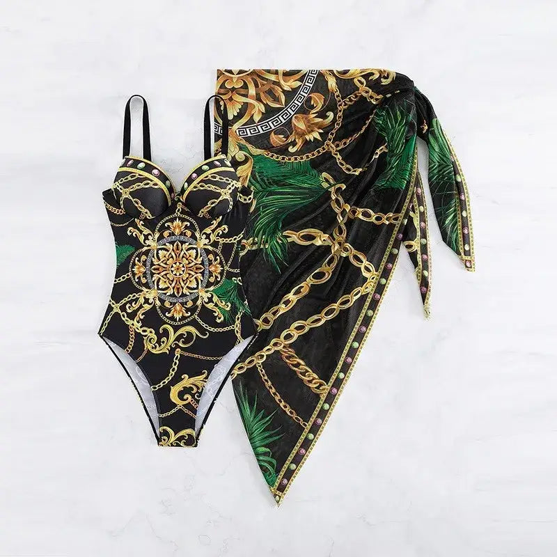 2024 New One Piece Women Swimsuit Push Up Printed Bandage Swimwear with Sarong