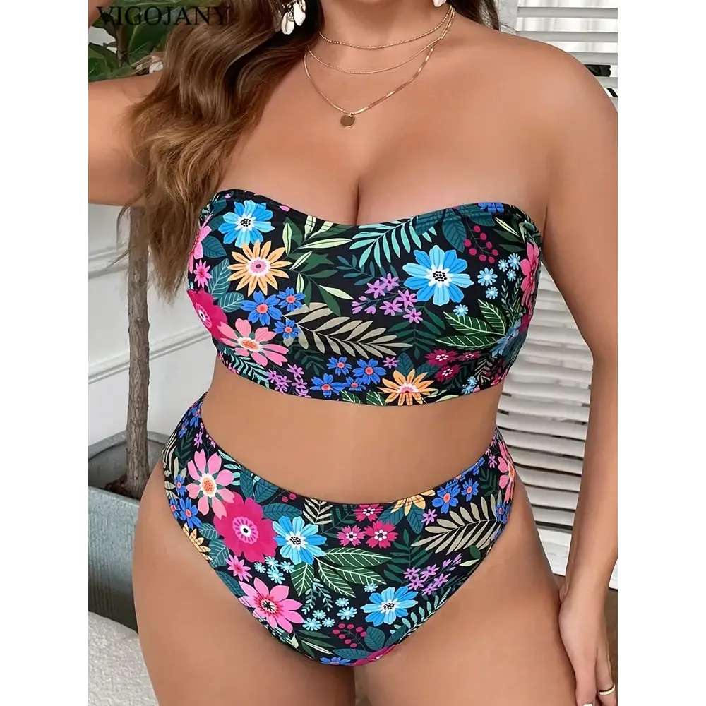 2024 Plus Size Print Bandeau Bikini Set Push-Up High Waist Two-Piece Swimsuit