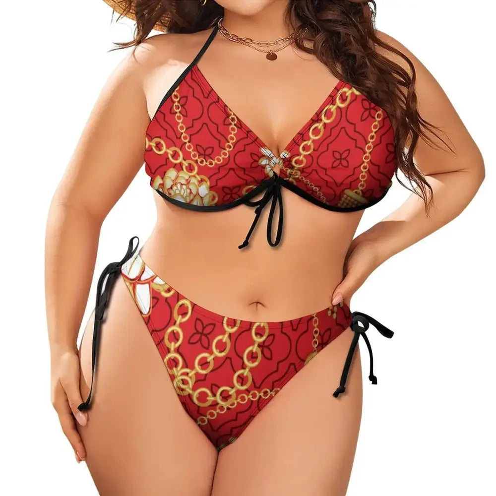 2024 Plus Size Two Piece Bikini Set Polynesian Print Low Rise Push-Up Swimwear