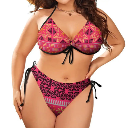 2024 Plus Size Two Piece Bikini Set Polynesian Print Low Rise Push-Up Swimwear