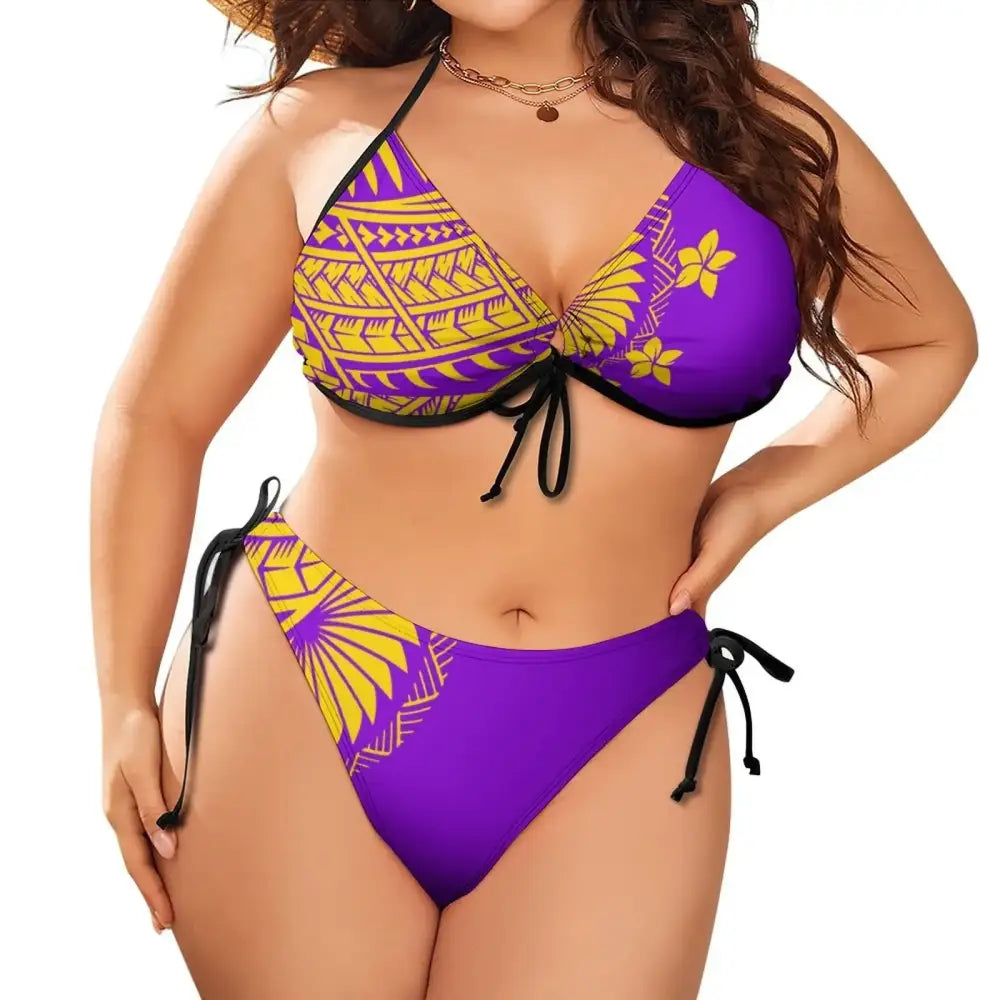 2024 Plus Size Two Piece Bikini Set Polynesian Print Low Rise Push-Up Swimwear