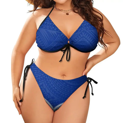 2024 Plus Size Two Piece Bikini Set Polynesian Print Low Rise Push-Up Swimwear