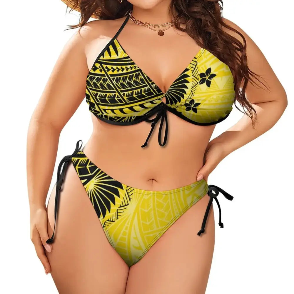 2024 Plus Size Two Piece Bikini Set Polynesian Print Low Rise Push-Up Swimwear