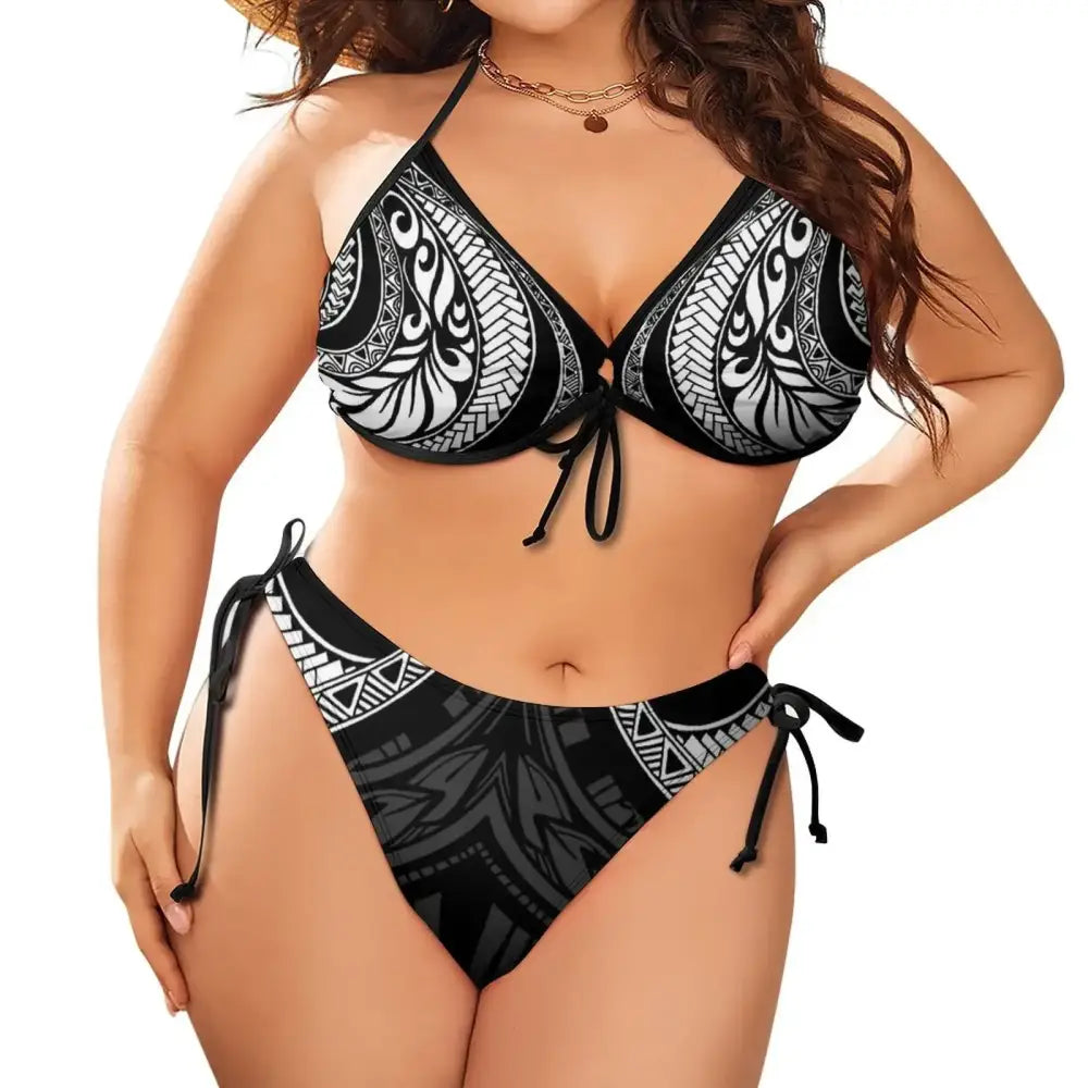 2024 Plus Size Two Piece Bikini Set Polynesian Print Low Rise Push-Up Swimwear