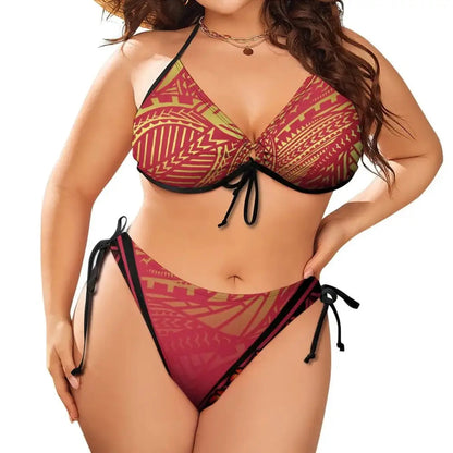 2024 Plus Size Two Piece Bikini Set Polynesian Print Low Rise Push-Up Swimwear