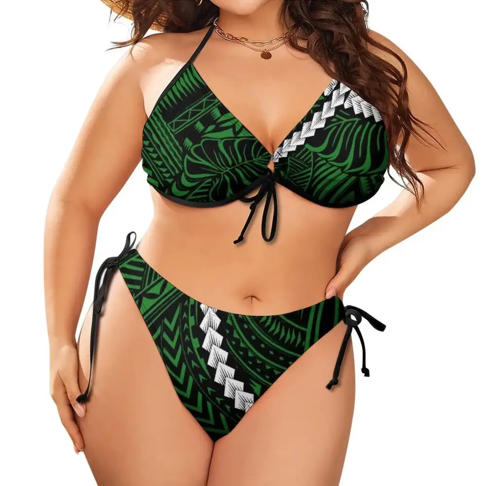 2024 Plus Size Two Piece Bikini Set Polynesian Print Low Rise Push-Up Swimwear