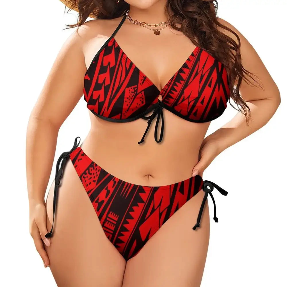 2024 Plus Size Two Piece Bikini Set Polynesian Print Low Rise Push-Up Swimwear