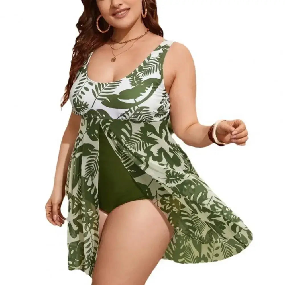 2024 Women’s Plus Size Plant Print Monokini with Split Hem Skirt Style Swimsuit