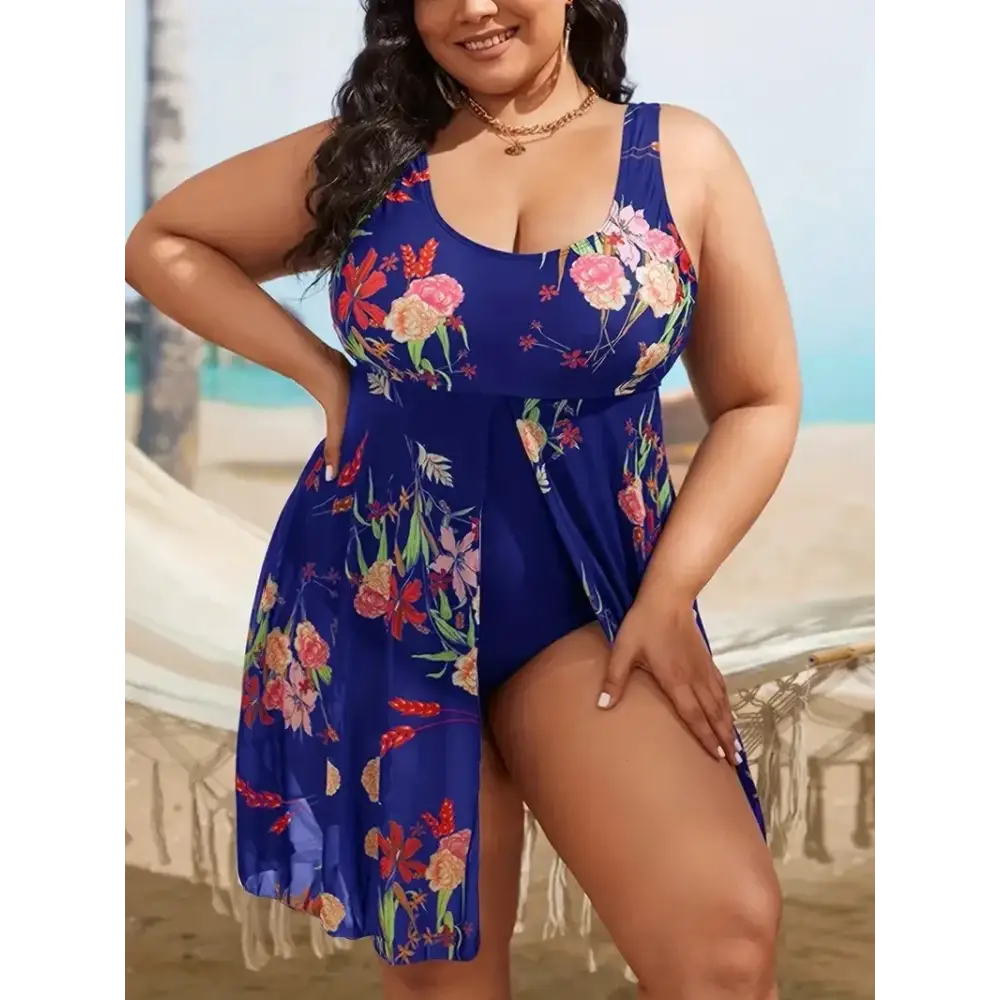 2024 Women’s Plus Size Plant Print Monokini with Split Hem Skirt Style Swimsuit