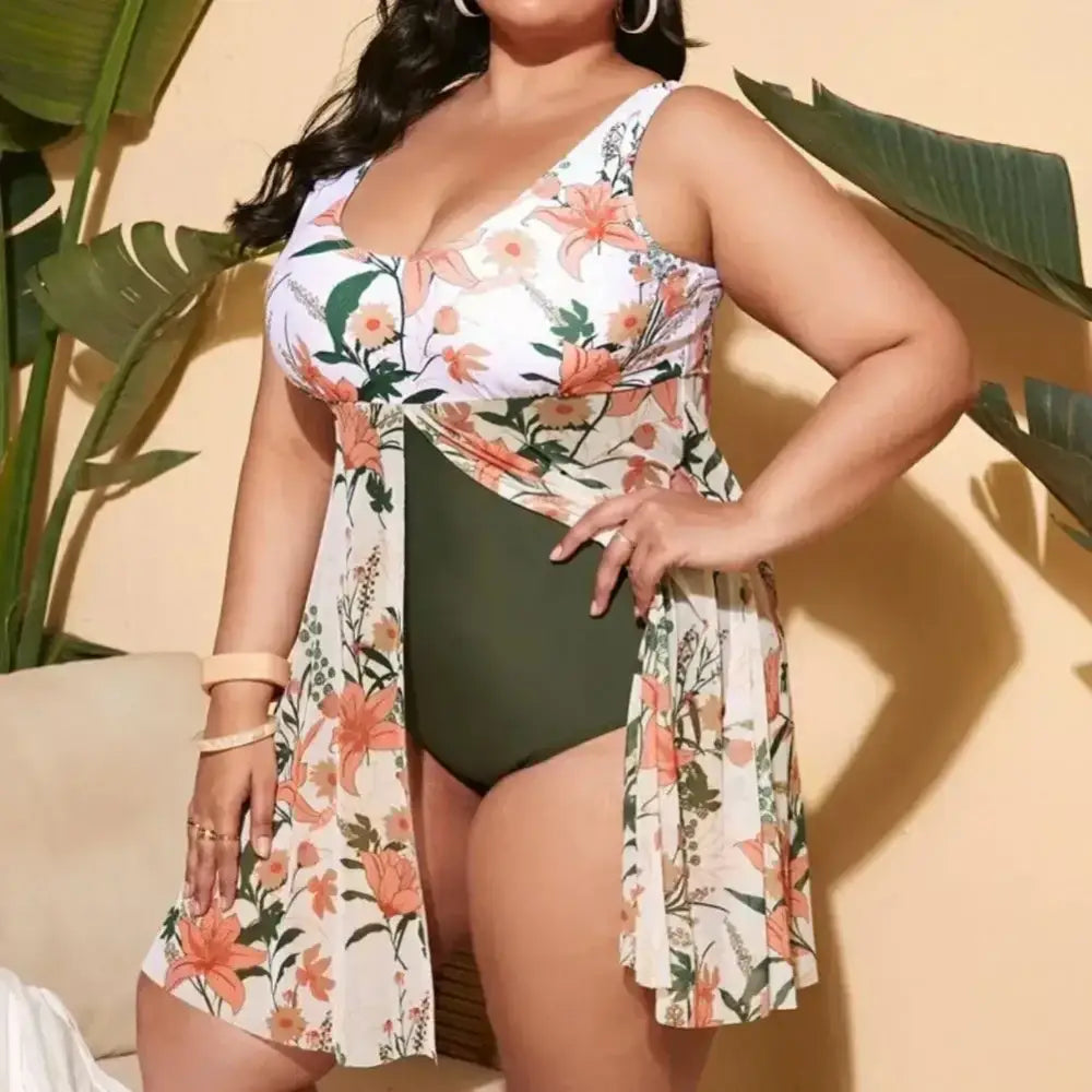 2024 Women’s Plus Size Plant Print Monokini with Split Hem Skirt Style Swimsuit