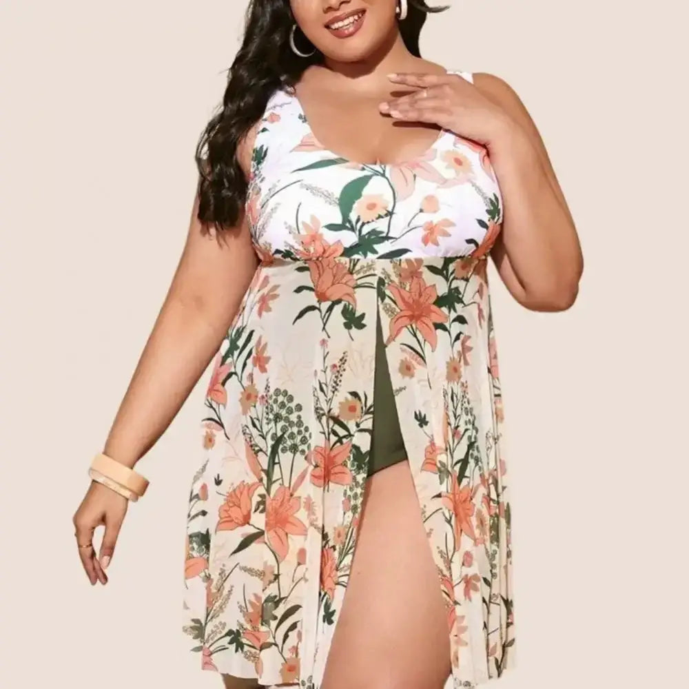 2024 Women’s Plus Size Plant Print Monokini with Split Hem Skirt Style Swimsuit