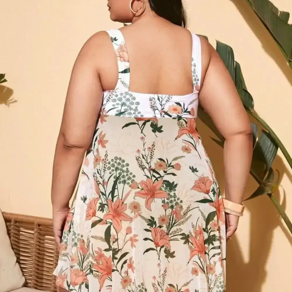 2024 Women’s Plus Size Plant Print Monokini with Split Hem Skirt Style Swimsuit