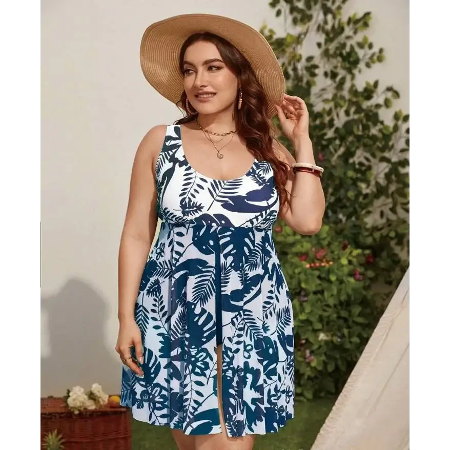 2024 Women’s Plus Size Plant Print Monokini with Split Hem Skirt Style Swimsuit