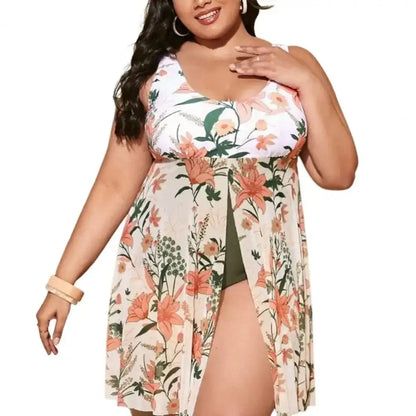 2024 Women’s Plus Size Plant Print Monokini with Split Hem Skirt Style Swimsuit