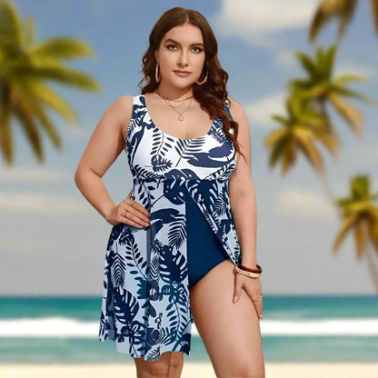 2024 Women’s Plus Size Plant Print Monokini with Split Hem Skirt Style Swimsuit