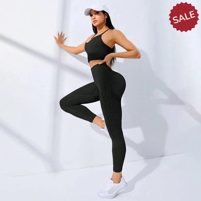 2Pcs Women's Yoga Fitness Set Seamless Breathable Activewear Sexy Sports Bra Top High-Waisted Leggings Set