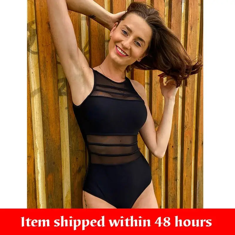 Black One Piece Mesh Swimwear