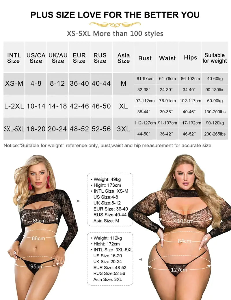 Comeondear Plus Size Fishnet Hollow Out Long Sleeve Bra and Panty Set