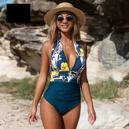 Floral Deep V-neck Halter One-Piece Swimsuit