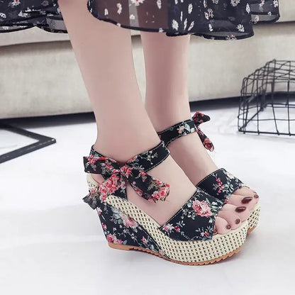 Floral High Heels Wedge Sandals