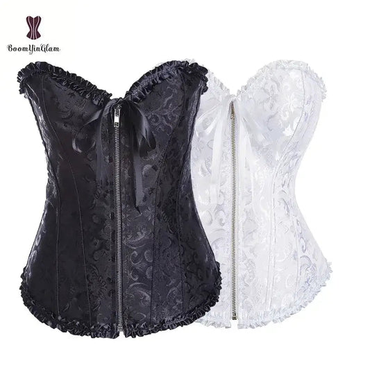 Front Zip Slimming Waist Shaper Lace-Up Bustier – Plus Size Overbust Corset with G-String